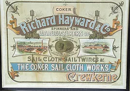 Tin box with text and images advertising the Coker Sail Cloth Works Crewkerne
