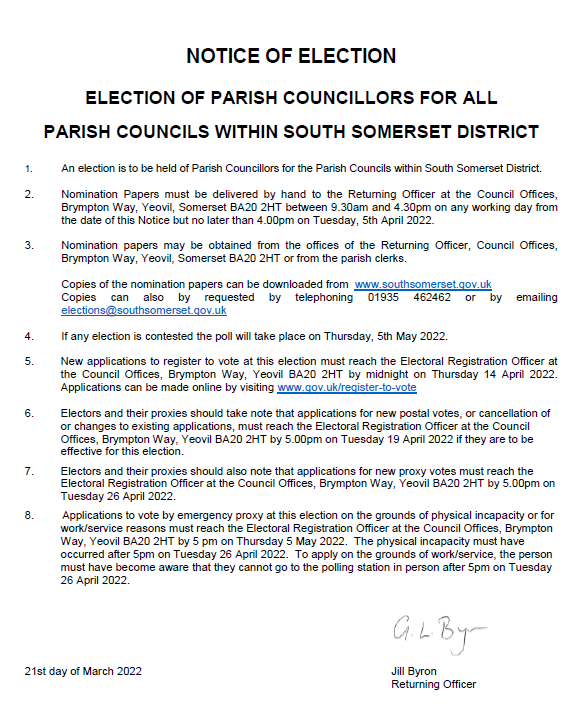 Notice of Parish elections to be held in May 2022.