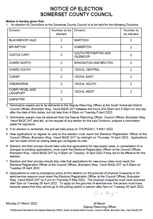 Notice of elections to the Somerset Unitary Authority.